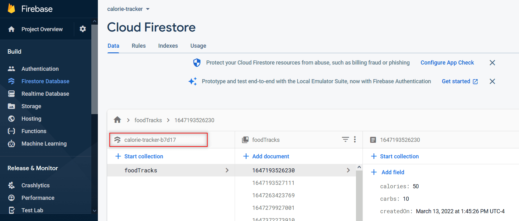 Firestore Database page showing Collection
ID