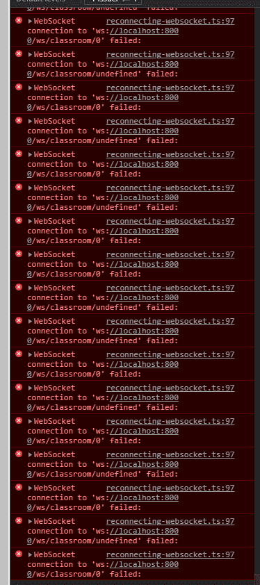 Notice the failing websocket connections being logged in the Dev Console