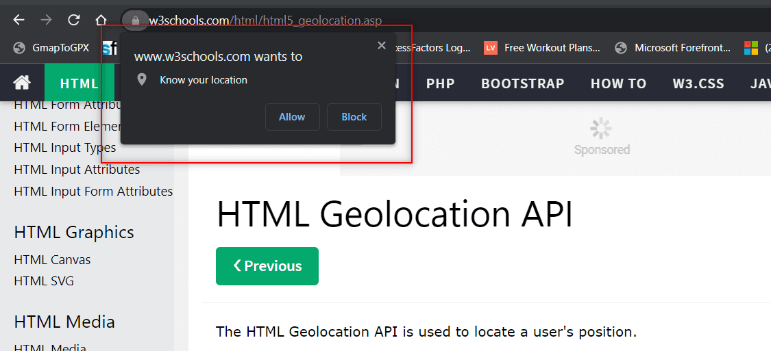 Figure 1: Geolocation API asking for permissions