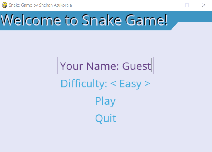 Snake Game Start Menu Screen