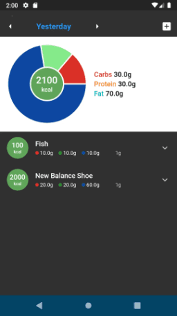 Calorie Tracker App Day View screen